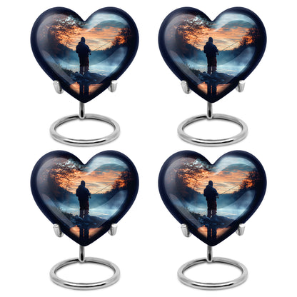 Vivid Blue Fishing Cremation Urn angled view of lid and engraved motif - romantic heart urn with fishing motif on aluminum - 10 inch aluminum urn for cremated remains