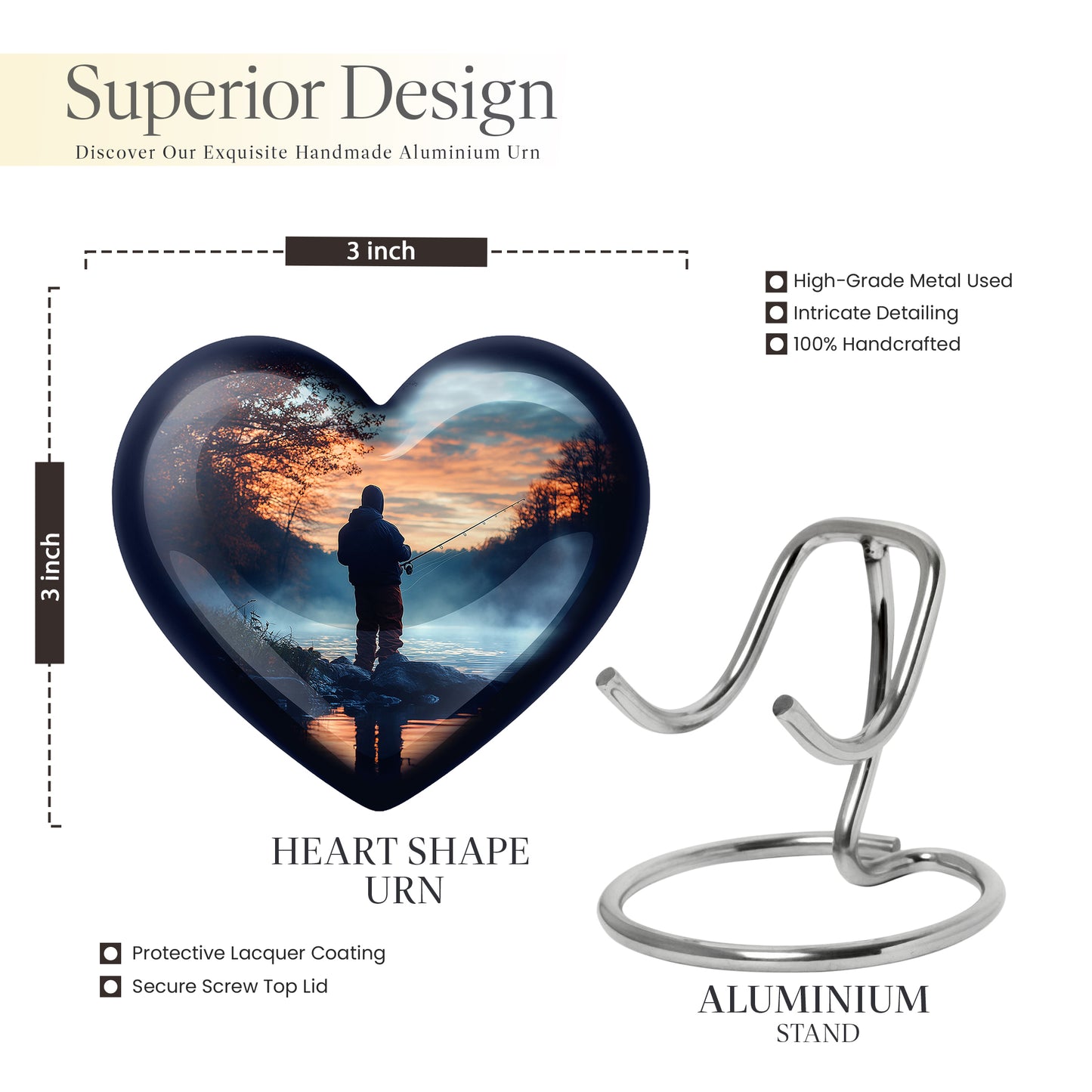 Icy Blue Fishing Cremation Urn front view showing detailed design - heart-shaped fishing design symbolizing eternal love - mini keepsake memorial for portion of cremation ashes