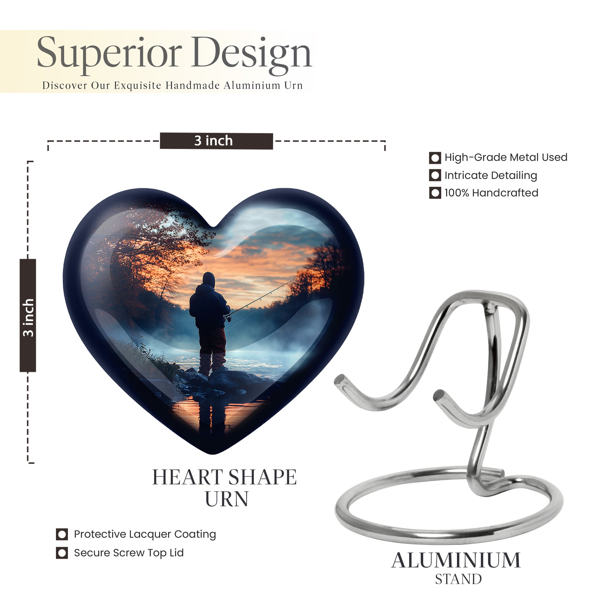 Icy Blue Fishing Cremation Urn front view showing detailed design - heart-shaped fishing design symbolizing eternal love - mini keepsake memorial for portion of cremation ashes