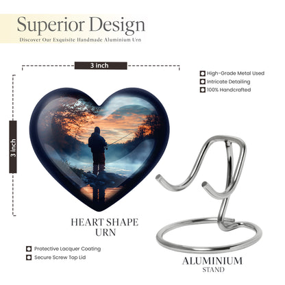 Icy Blue Fishing Cremation Urn front view showing detailed design - heart-shaped fishing design symbolizing eternal love - mini keepsake memorial for portion of cremation ashes