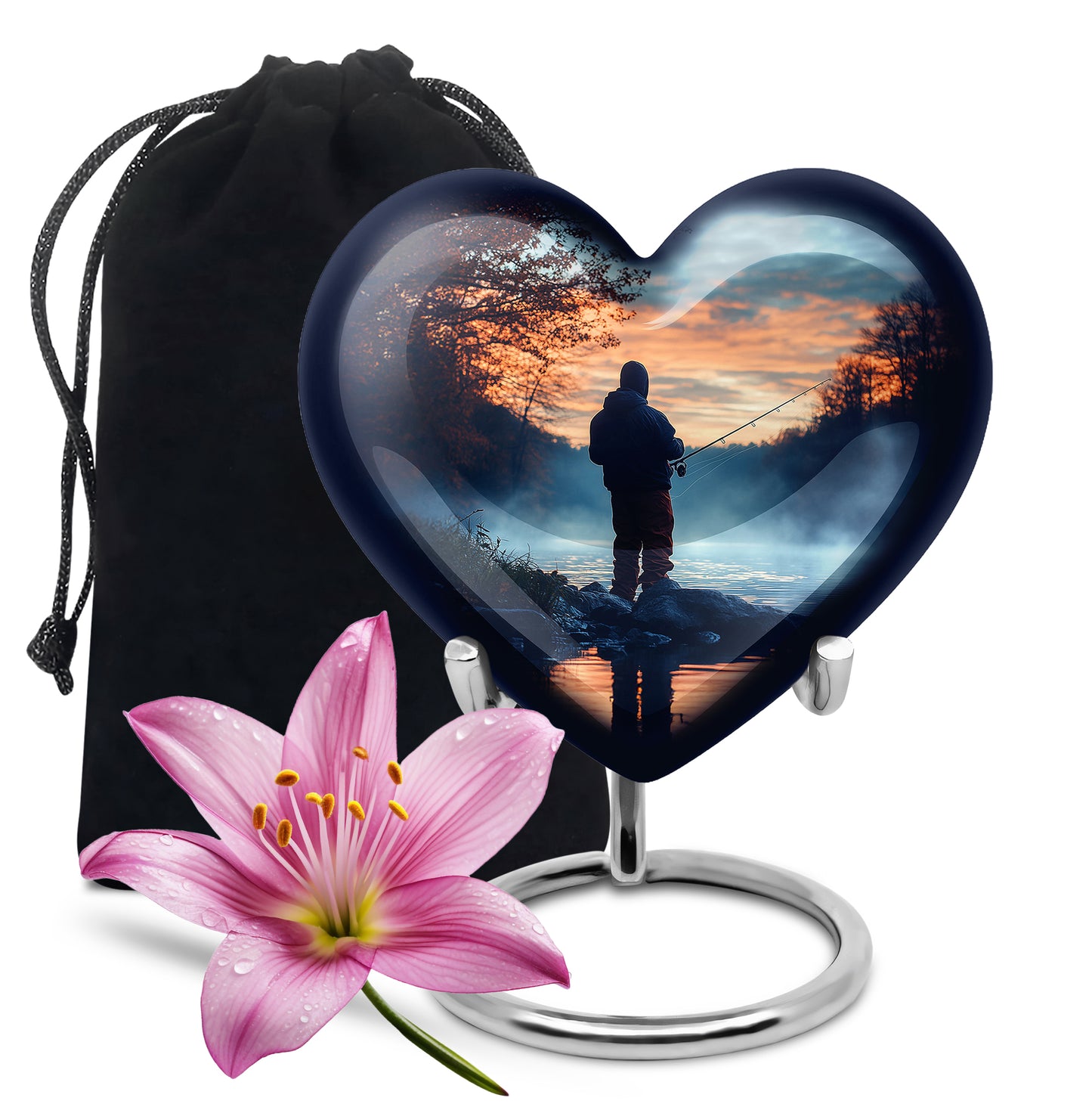 Indigo Fishing Cremation Urn detail view - heart-shaped fishing design symbolizing eternal love - full-size 10 inch 200 cubic inch adult cremation urn