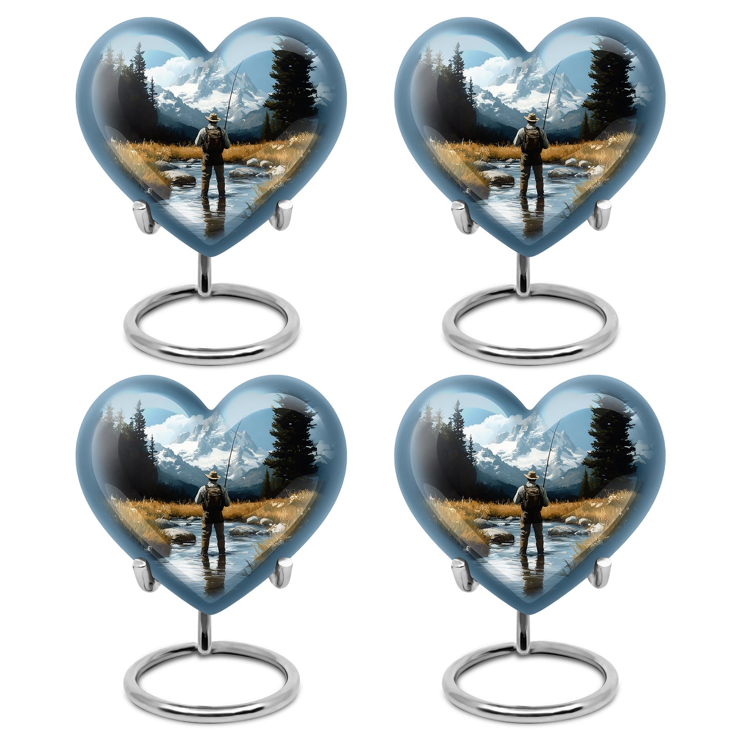 Powder Blue Fishing Cremation Urn angled view of lid and engraved motif - heart-shaped fishing design symbolizing eternal love - 10 inch aluminum urn for cremated remains