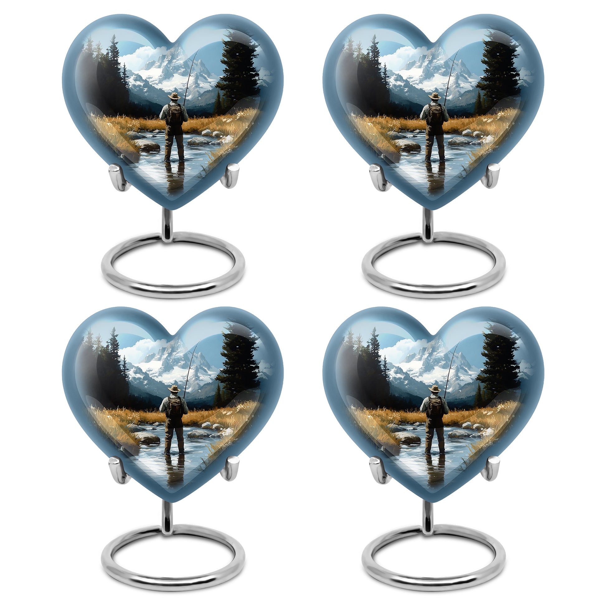 Powder Blue Fishing Cremation Urn angled view of lid and engraved motif - heart-shaped fishing design symbolizing eternal love - 10 inch aluminum urn for cremated remains