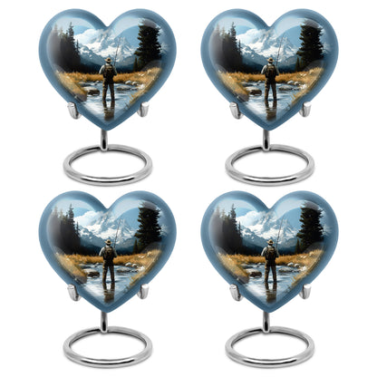 Powder Blue Fishing Cremation Urn angled view of lid and engraved motif - heart-shaped fishing design symbolizing eternal love - 10 inch aluminum urn for cremated remains