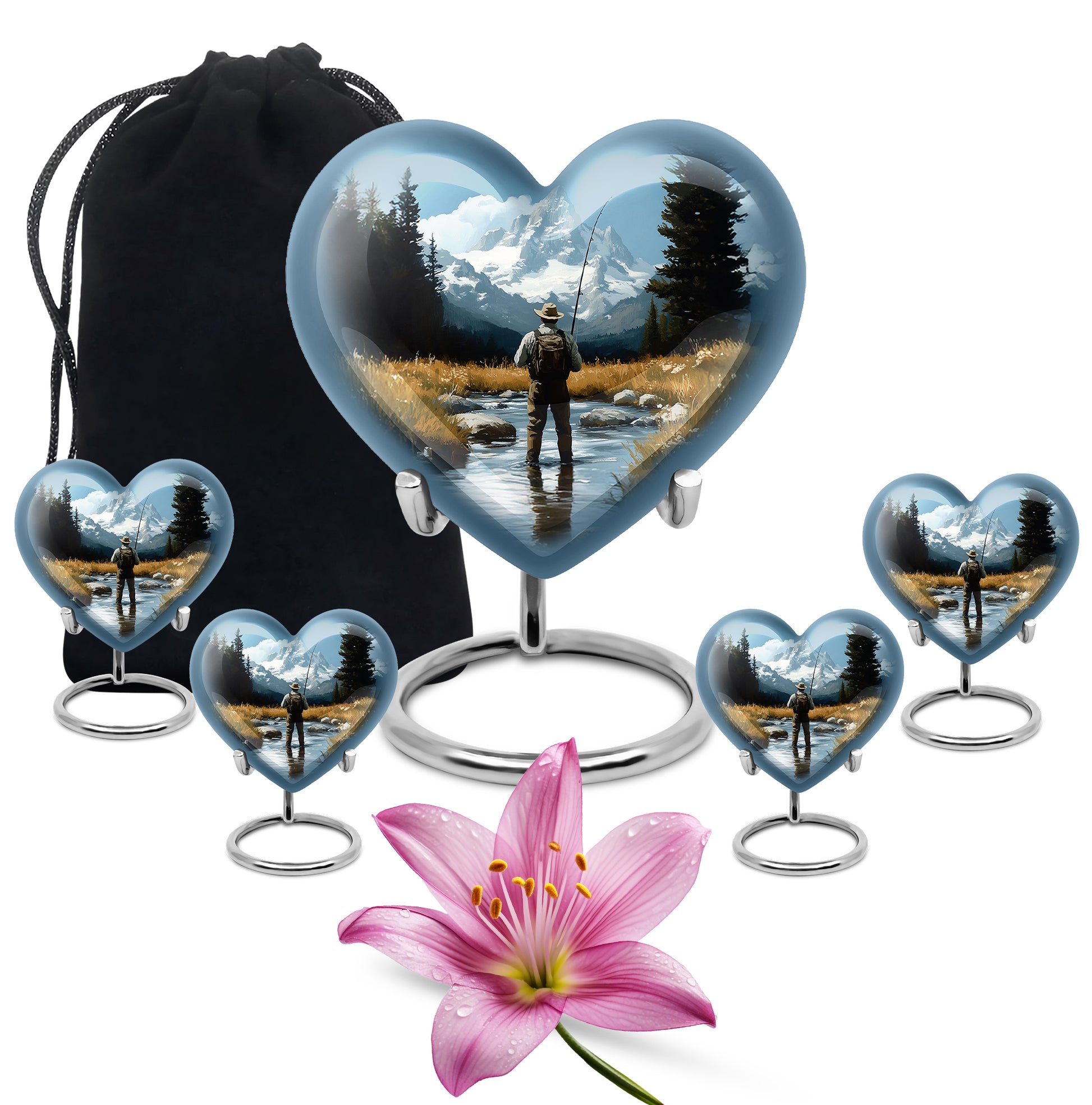 Celestial Blue Fishing Cremation Urn close-up of engraving and surface detail - loving heart memorial featuring fishing pattern - memorial set with one large and four small urns