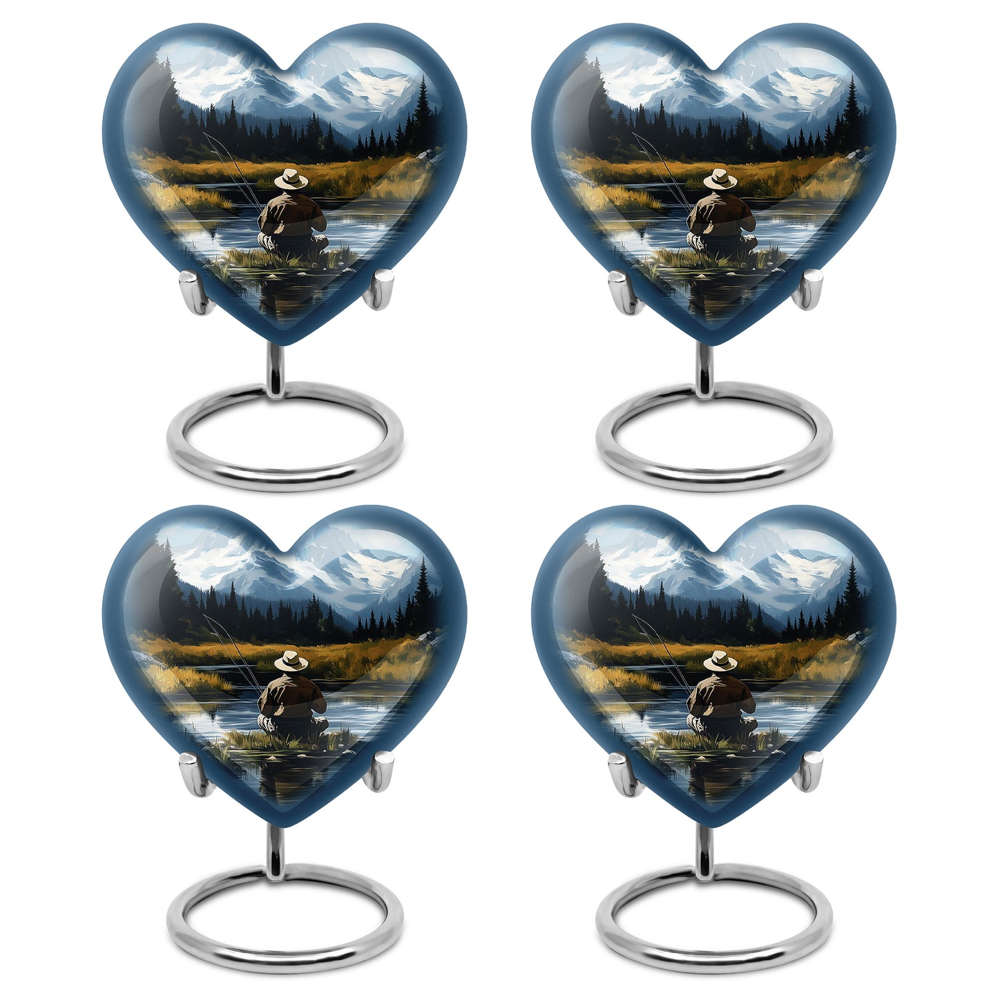Sapphire Blue Fishing Cremation Urn angled view of lid and engraved motif - compassionate heart-fishing combination with gentle curves - 10 inch aluminum urn for cremated remains