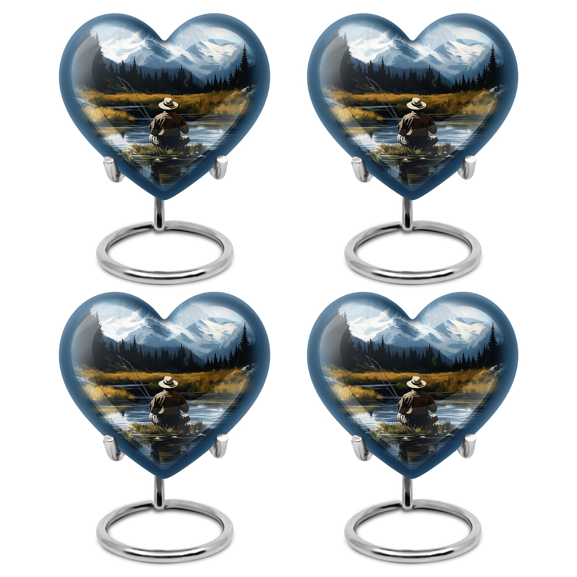 Sapphire Blue Fishing Cremation Urn angled view of lid and engraved motif - compassionate heart-fishing combination with gentle curves - 10 inch aluminum urn for cremated remains
