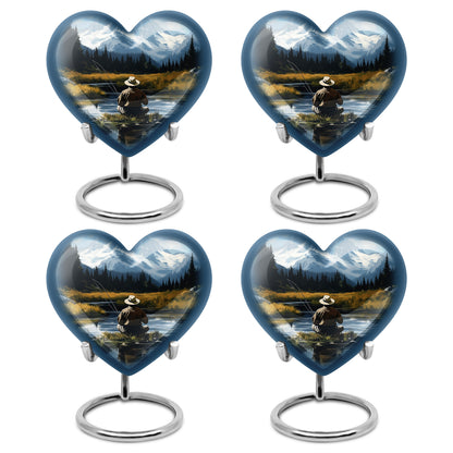 Sapphire Blue Fishing Cremation Urn angled view of lid and engraved motif - compassionate heart-fishing combination with gentle curves - 10 inch aluminum urn for cremated remains
