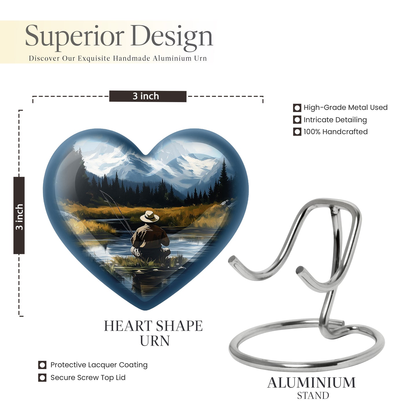 Slate Blue Fishing Cremation Urn front view showing detailed design - loving heart memorial featuring fishing pattern - mini keepsake memorial for portion of cremation ashes