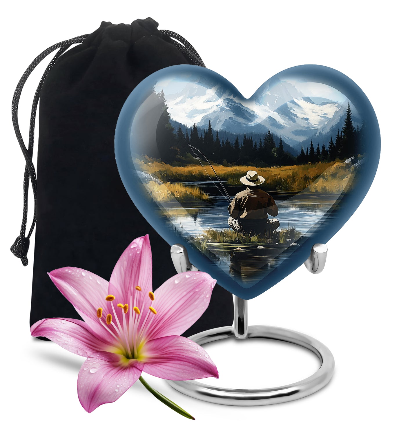 Calming Blue Fishing Cremation Urn detail view - romantic heart urn with fishing motif on aluminum - full-size 10 inch 200 cubic inch adult cremation urn