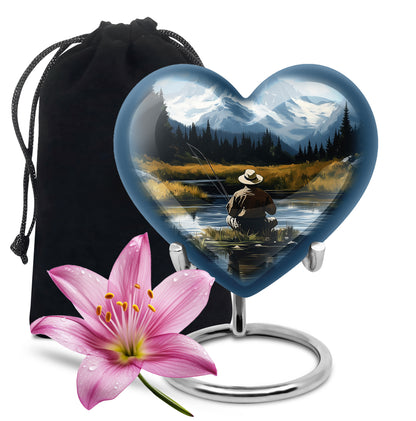 Calming Blue Fishing Cremation Urn detail view - romantic heart urn with fishing motif on aluminum - full-size 10 inch 200 cubic inch adult cremation urn