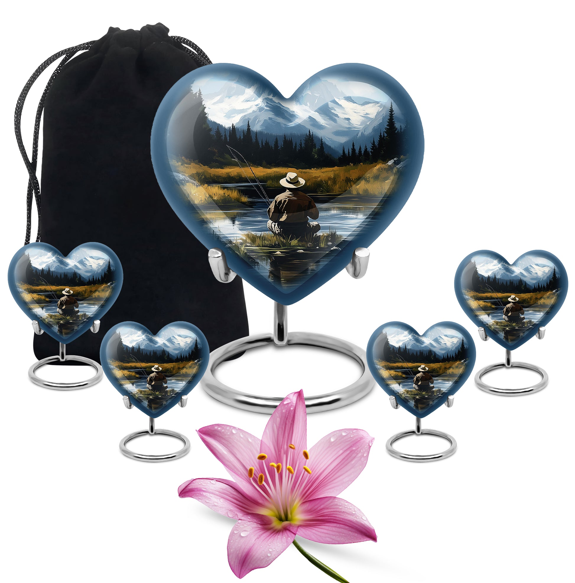 Navy Blue Fishing Cremation Urn close-up of engraving and surface detail - loving heart memorial featuring fishing pattern - memorial set with one large and four small urns