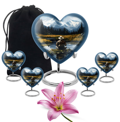 Navy Blue Fishing Cremation Urn close-up of engraving and surface detail - loving heart memorial featuring fishing pattern - memorial set with one large and four small urns