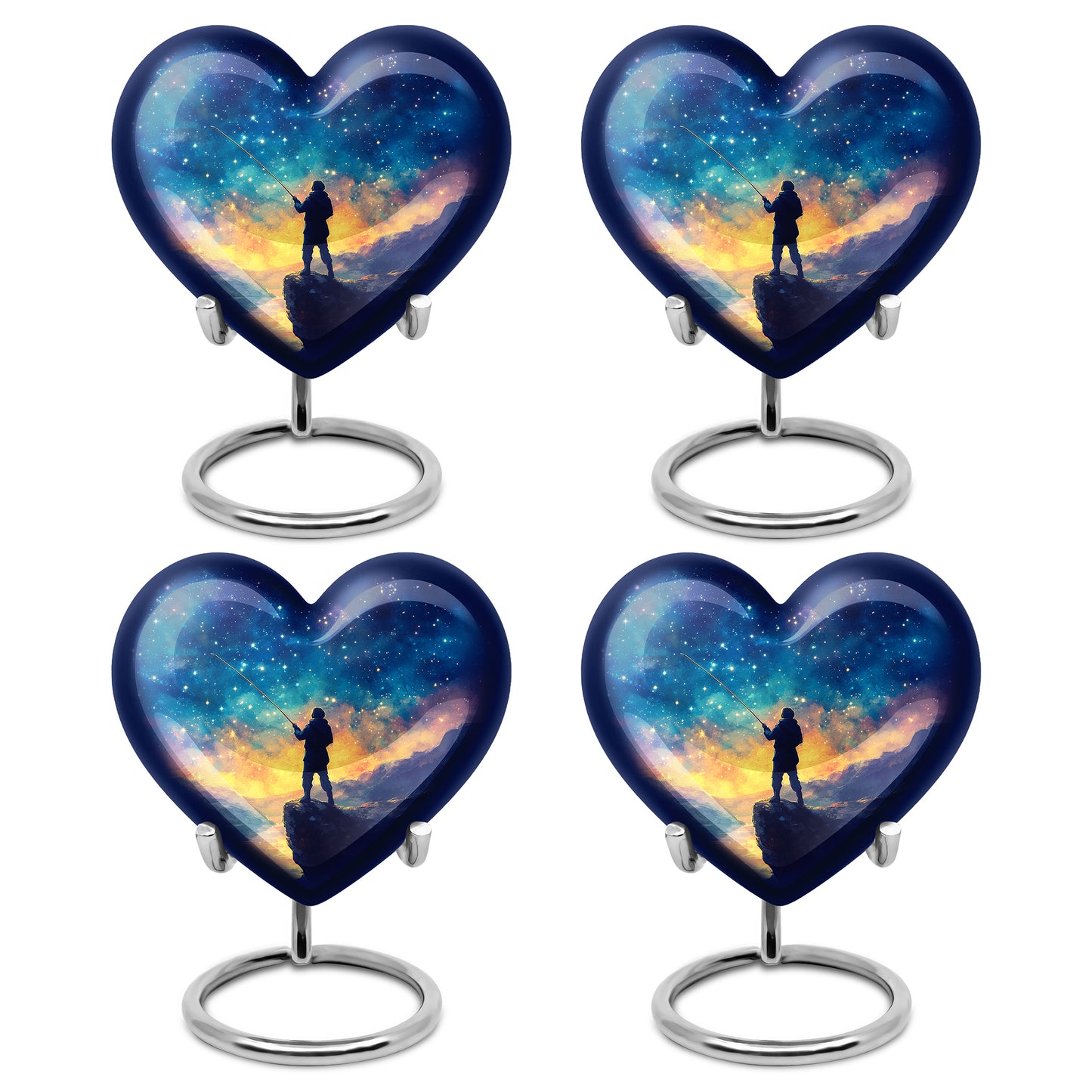 Sapphire Blue Fishing Cremation Urn angled view of lid and engraved motif - compassionate heart-fishing combination with gentle curves - 10 inch aluminum urn for cremated remains
