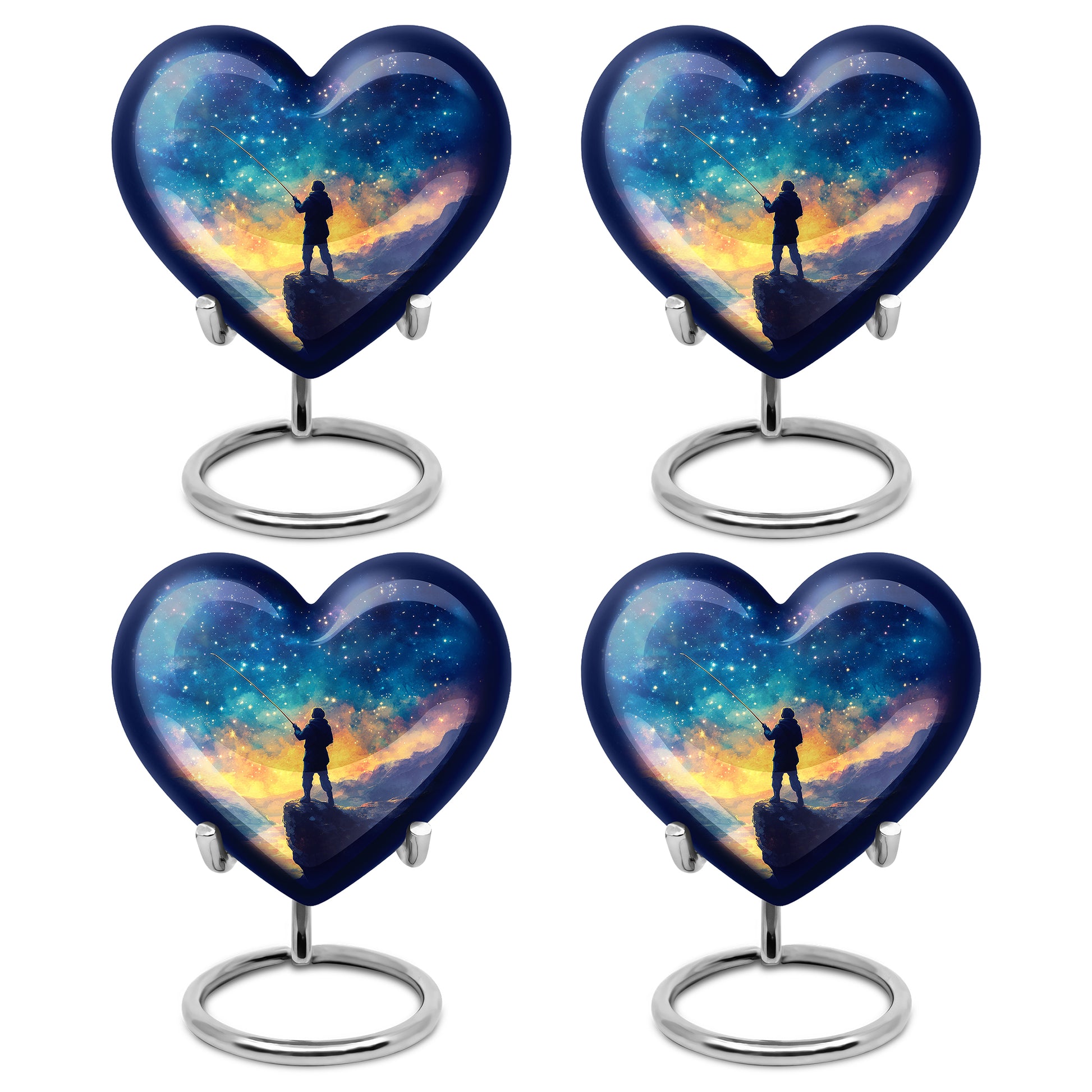 Sapphire Blue Fishing Cremation Urn angled view of lid and engraved motif - compassionate heart-fishing combination with gentle curves - 10 inch aluminum urn for cremated remains