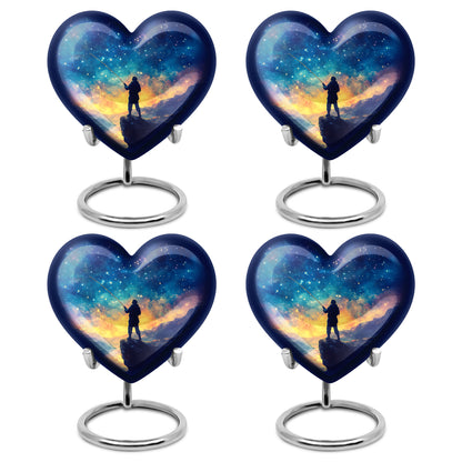 Sapphire Blue Fishing Cremation Urn angled view of lid and engraved motif - compassionate heart-fishing combination with gentle curves - 10 inch aluminum urn for cremated remains
