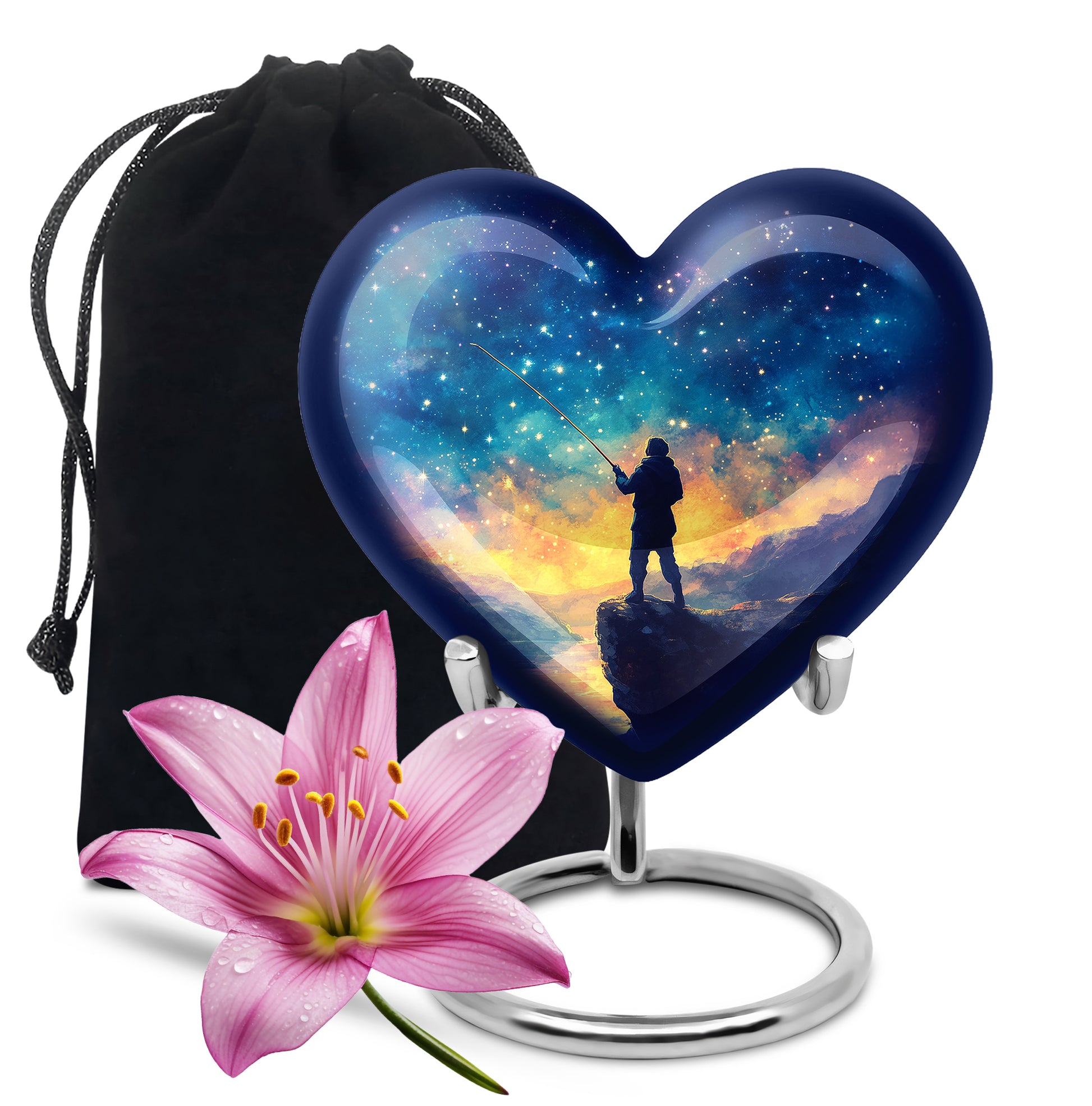 Steel Blue Fishing Cremation Urn detail view - compassionate heart-fishing combination with gentle curves - full-size 10 inch 200 cubic inch adult cremation urn