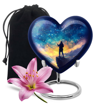 Steel Blue Fishing Cremation Urn detail view - compassionate heart-fishing combination with gentle curves - full-size 10 inch 200 cubic inch adult cremation urn