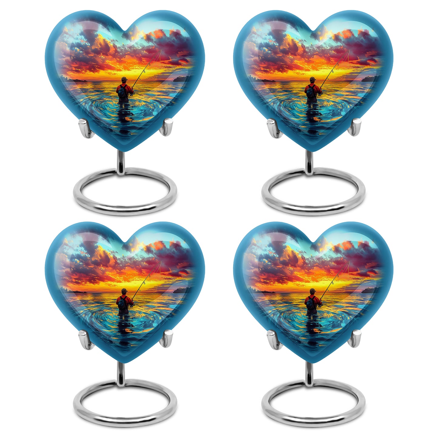 Cool Teal Fishing Cremation Urn angled view of lid and engraved motif - heart-shaped fishing design symbolizing eternal love - 10 inch aluminum urn for cremated remains
