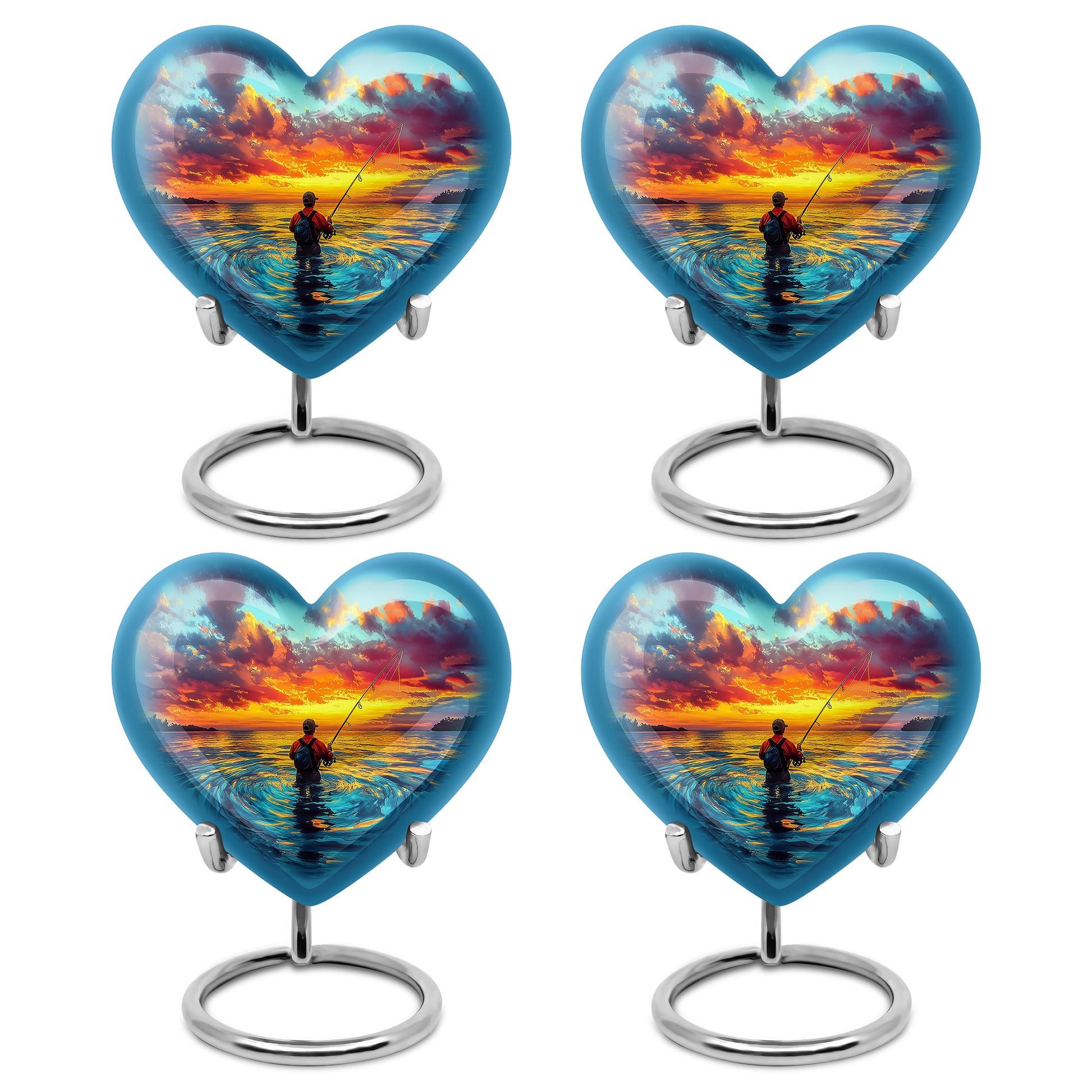Cool Teal Fishing Cremation Urn angled view of lid and engraved motif - heart-shaped fishing design symbolizing eternal love - 10 inch aluminum urn for cremated remains