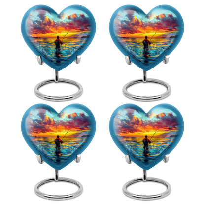 Cool Teal Fishing Cremation Urn angled view of lid and engraved motif - heart-shaped fishing design symbolizing eternal love - 10 inch aluminum urn for cremated remains