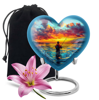 Sea Green Teal Fishing Cremation Urn detail view - loving heart memorial featuring fishing pattern - full-size 10 inch 200 cubic inch adult cremation urn