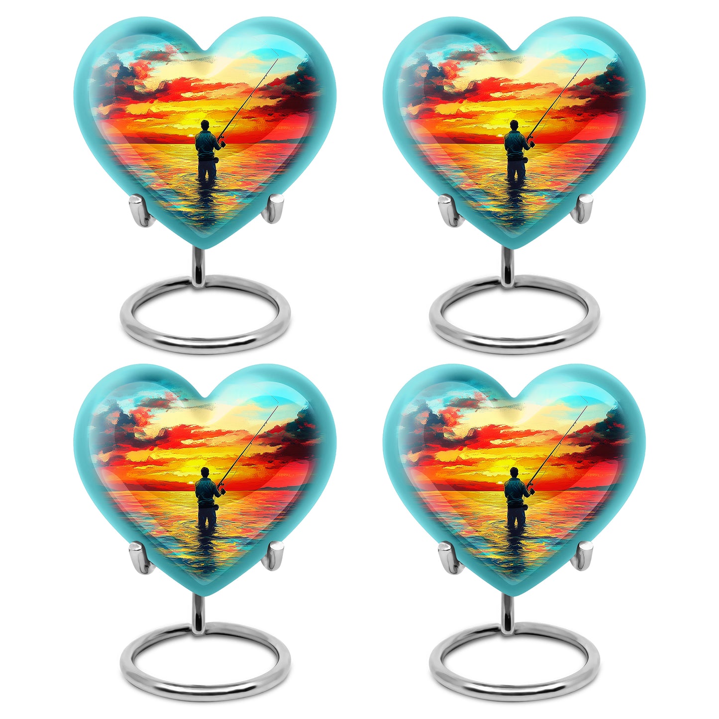Cool Teal Fishing Cremation Urn angled view of lid and engraved motif - heart-shaped fishing design symbolizing eternal love - 10 inch aluminum urn for cremated remains