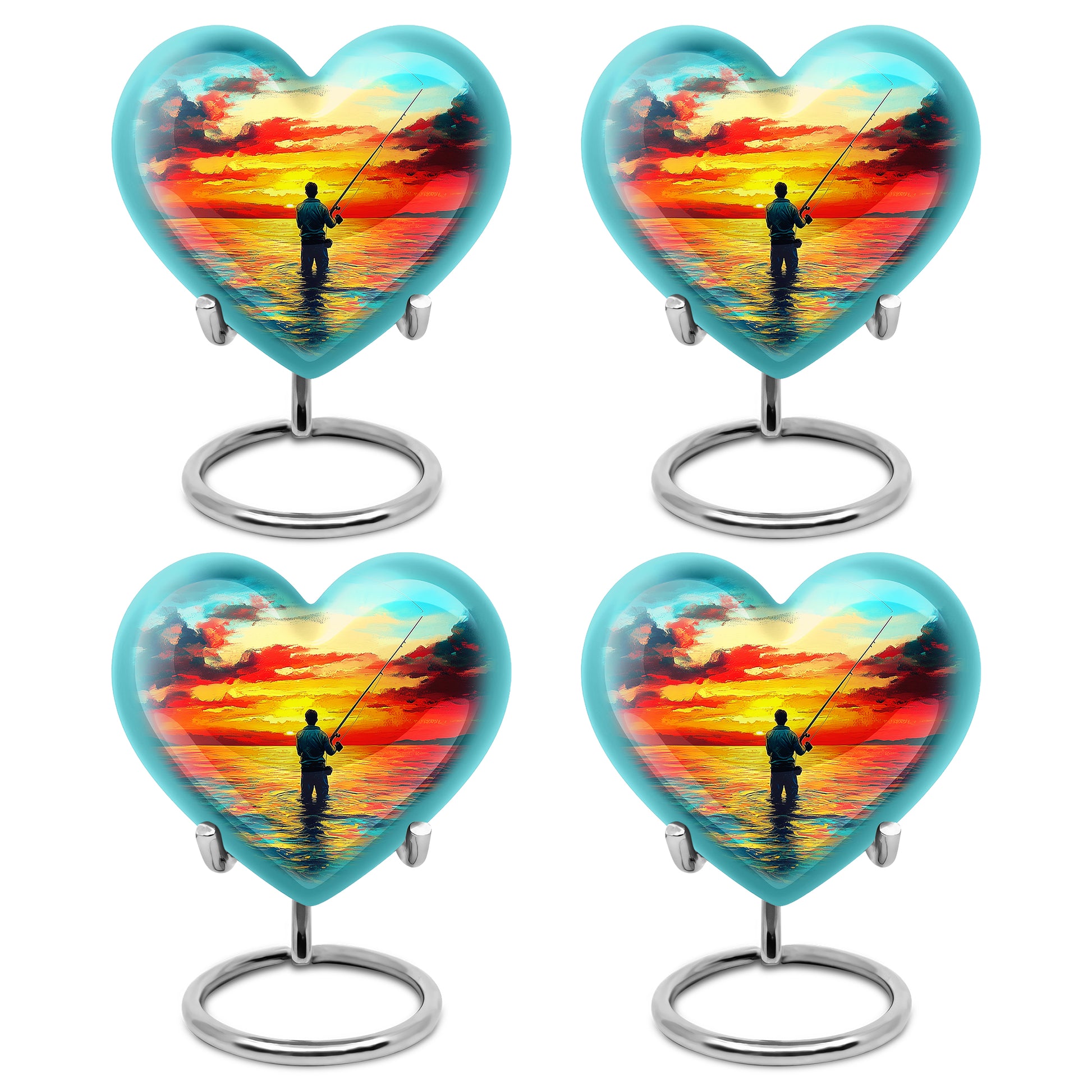 Cool Teal Fishing Cremation Urn angled view of lid and engraved motif - heart-shaped fishing design symbolizing eternal love - 10 inch aluminum urn for cremated remains