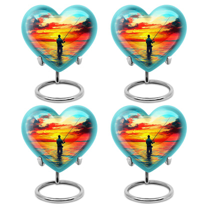 Cool Teal Fishing Cremation Urn angled view of lid and engraved motif - heart-shaped fishing design symbolizing eternal love - 10 inch aluminum urn for cremated remains