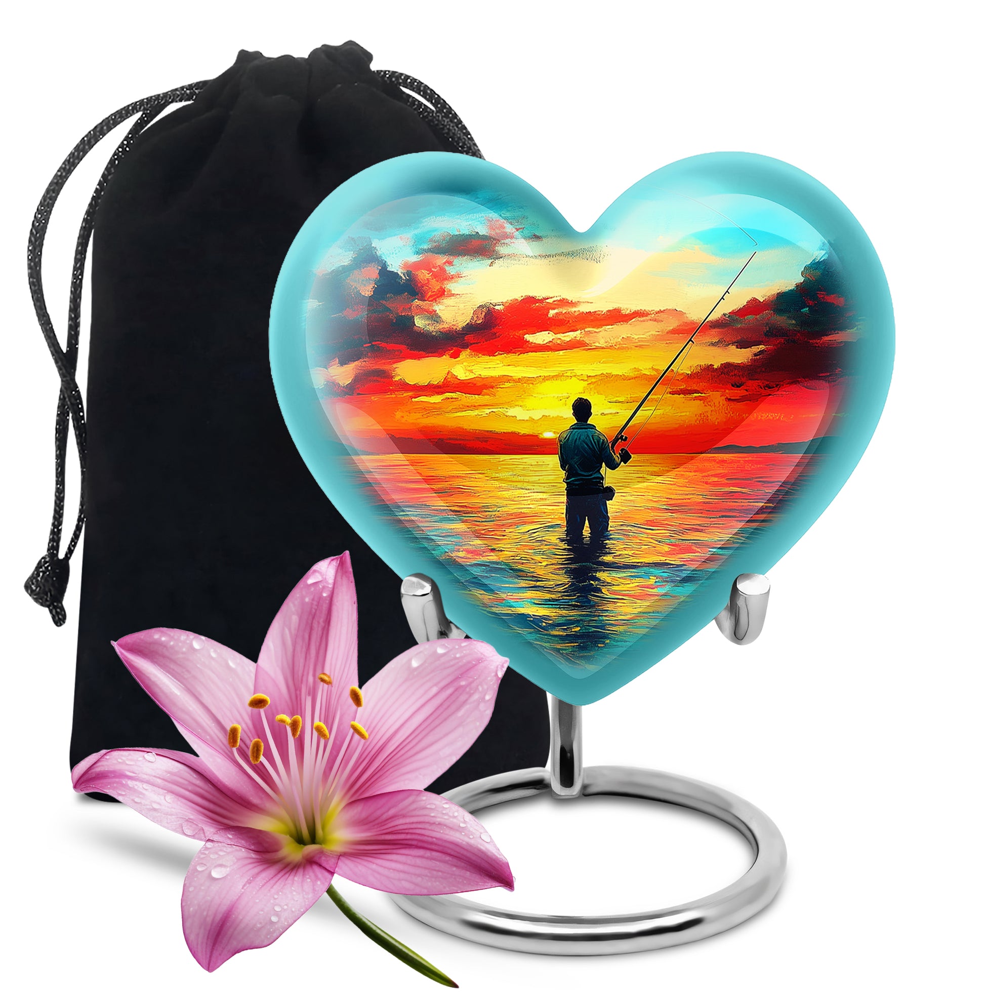 Vivid Teal Fishing Cremation Urn detail view - compassionate heart-fishing combination with gentle curves - full-size 10 inch 200 cubic inch adult cremation urn