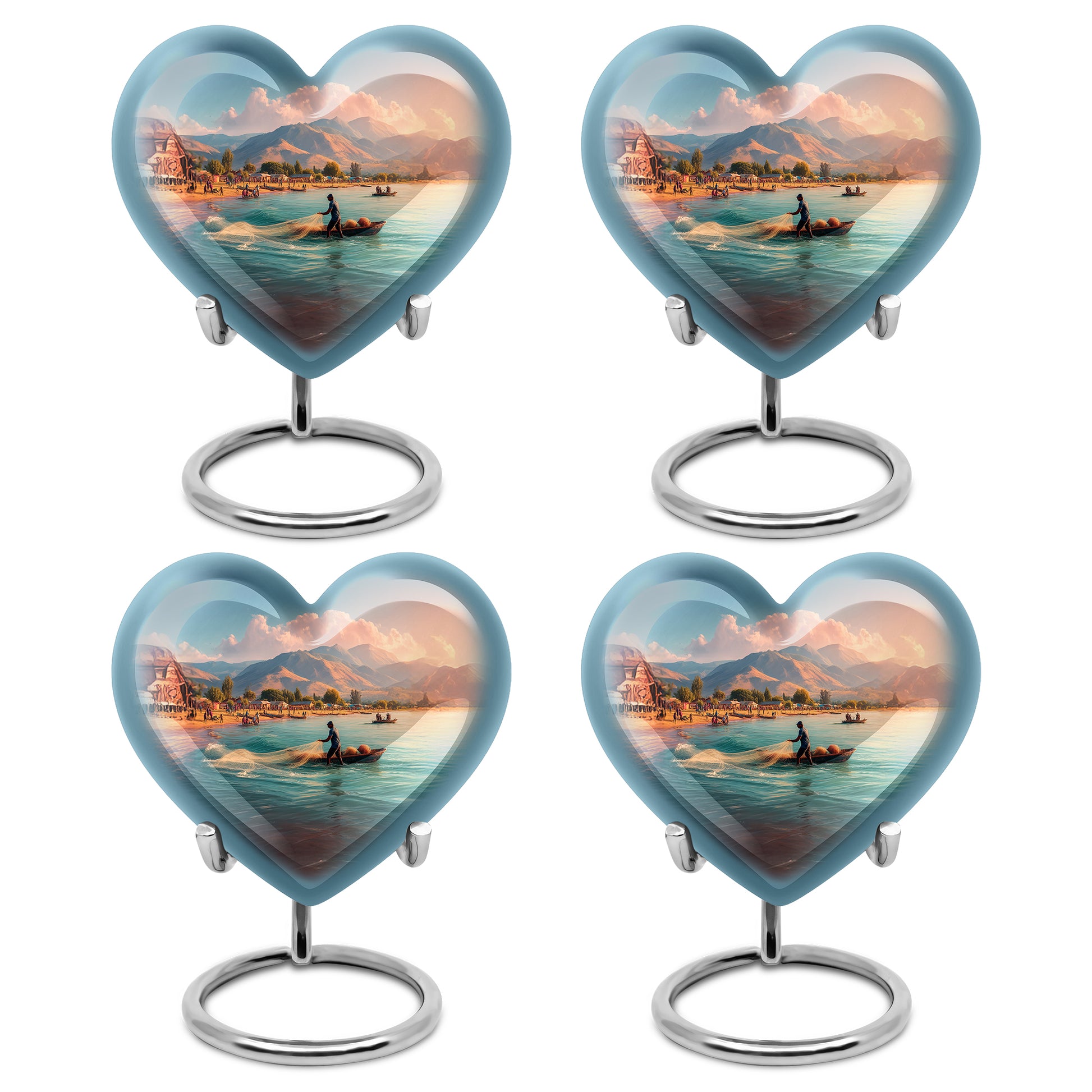 Royal Blue Fishing Cremation Urn angled view of lid and engraved motif - romantic heart urn with fishing motif on aluminum - 10 inch aluminum urn for cremated remains