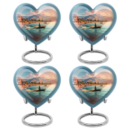 Royal Blue Fishing Cremation Urn angled view of lid and engraved motif - romantic heart urn with fishing motif on aluminum - 10 inch aluminum urn for cremated remains
