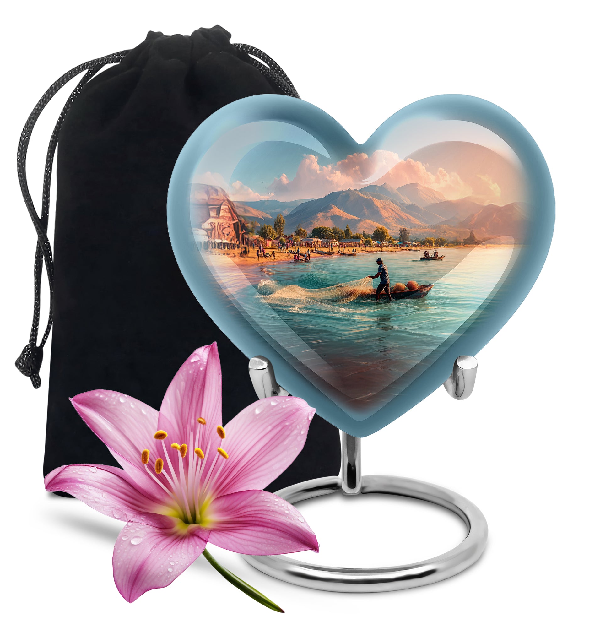 Twilight Blue Fishing Cremation Urn detail view - compassionate heart-fishing combination with gentle curves - full-size 10 inch 200 cubic inch adult cremation urn