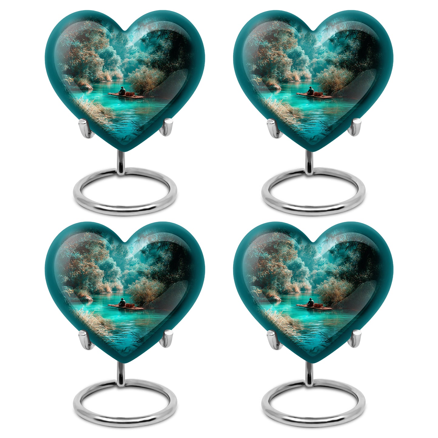 Jewel Teal Fishing Cremation Urn angled view of lid and engraved motif - loving heart memorial featuring fishing pattern - 10 inch aluminum urn for cremated remains
