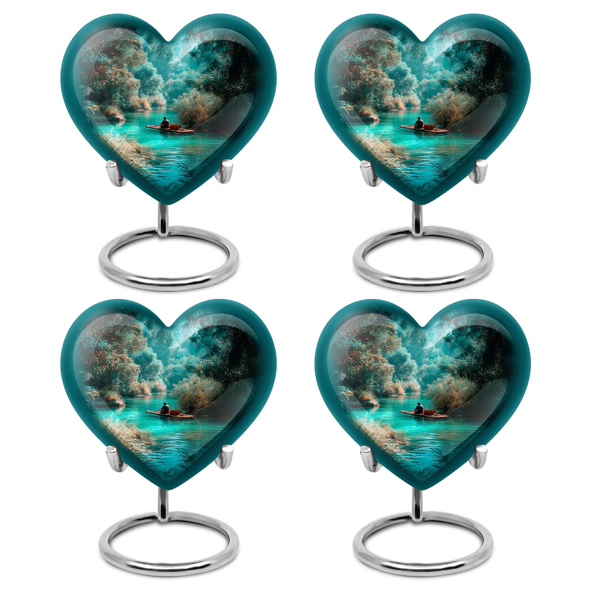 Jewel Teal Fishing Cremation Urn angled view of lid and engraved motif - loving heart memorial featuring fishing pattern - 10 inch aluminum urn for cremated remains
