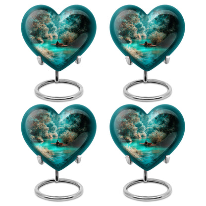 Jewel Teal Fishing Cremation Urn angled view of lid and engraved motif - loving heart memorial featuring fishing pattern - 10 inch aluminum urn for cremated remains