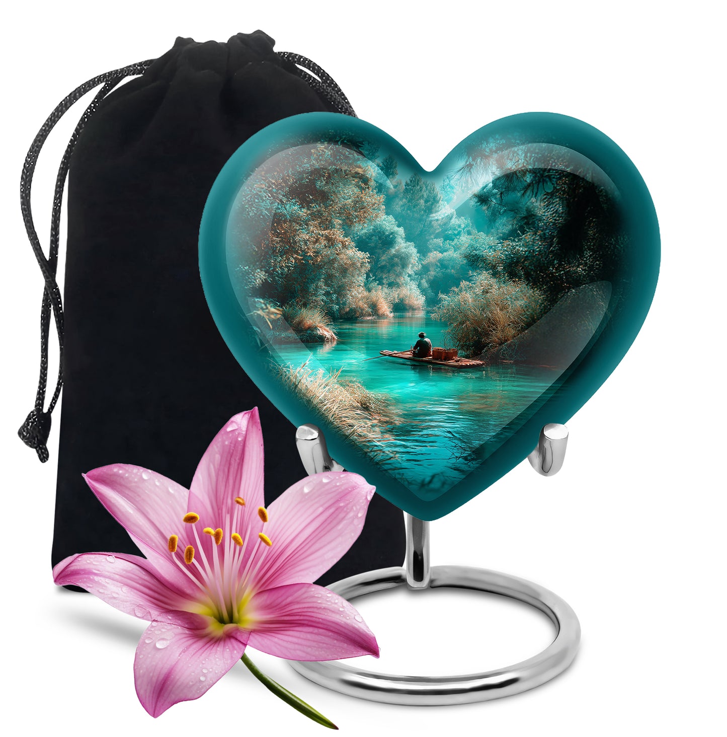 Deep Teal Fishing Cremation Urn detail view - compassionate heart-fishing combination with gentle curves - full-size 10 inch 200 cubic inch adult cremation urn