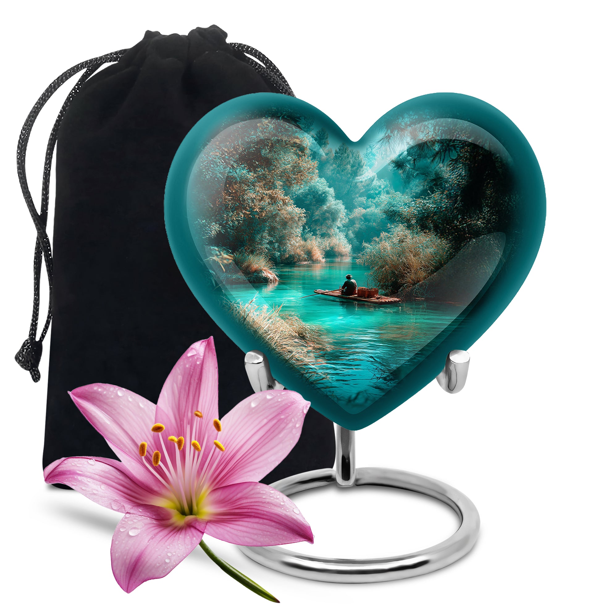 Deep Teal Fishing Cremation Urn detail view - compassionate heart-fishing combination with gentle curves - full-size 10 inch 200 cubic inch adult cremation urn