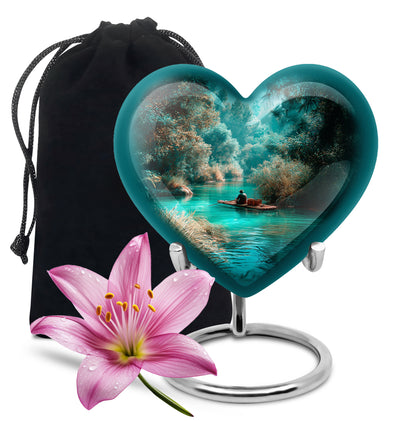 Deep Teal Fishing Cremation Urn detail view - compassionate heart-fishing combination with gentle curves - full-size 10 inch 200 cubic inch adult cremation urn