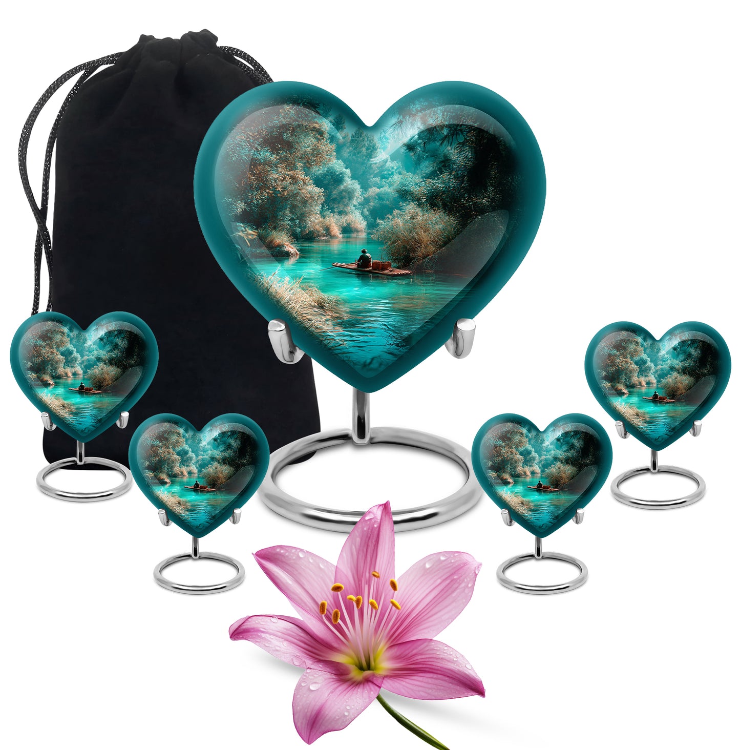 Deep Teal Fishing Cremation Urn close-up of engraving and surface detail - compassionate heart-fishing combination with gentle curves - memorial set with one large and four small urns