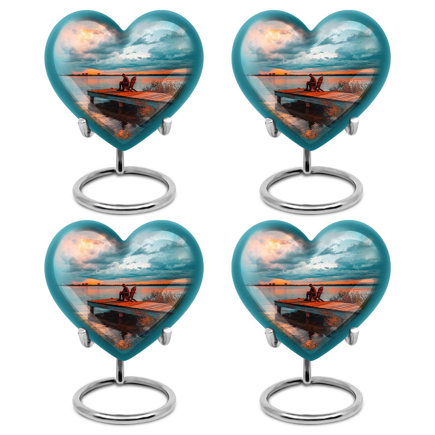 Jewel Teal Fishing Cremation Urn angled view of lid and engraved motif - heart-shaped fishing design symbolizing eternal love - 10 inch aluminum urn for cremated remains