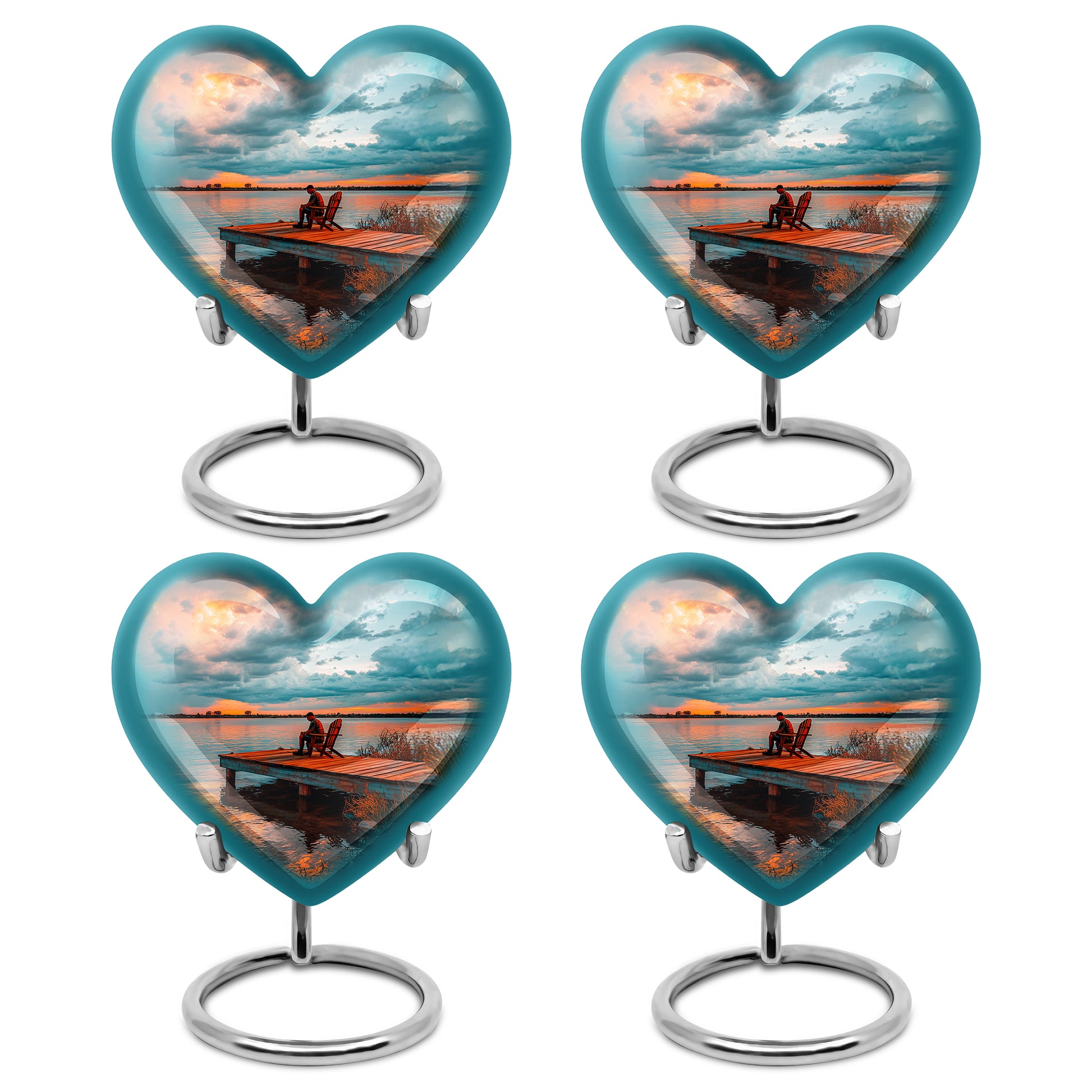Jewel Teal Fishing Cremation Urn angled view of lid and engraved motif - heart-shaped fishing design symbolizing eternal love - 10 inch aluminum urn for cremated remains
