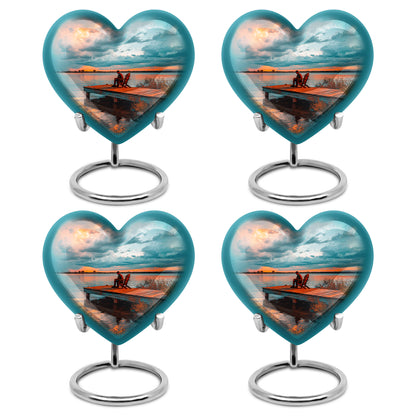 Jewel Teal Fishing Cremation Urn angled view of lid and engraved motif - heart-shaped fishing design symbolizing eternal love - 10 inch aluminum urn for cremated remains