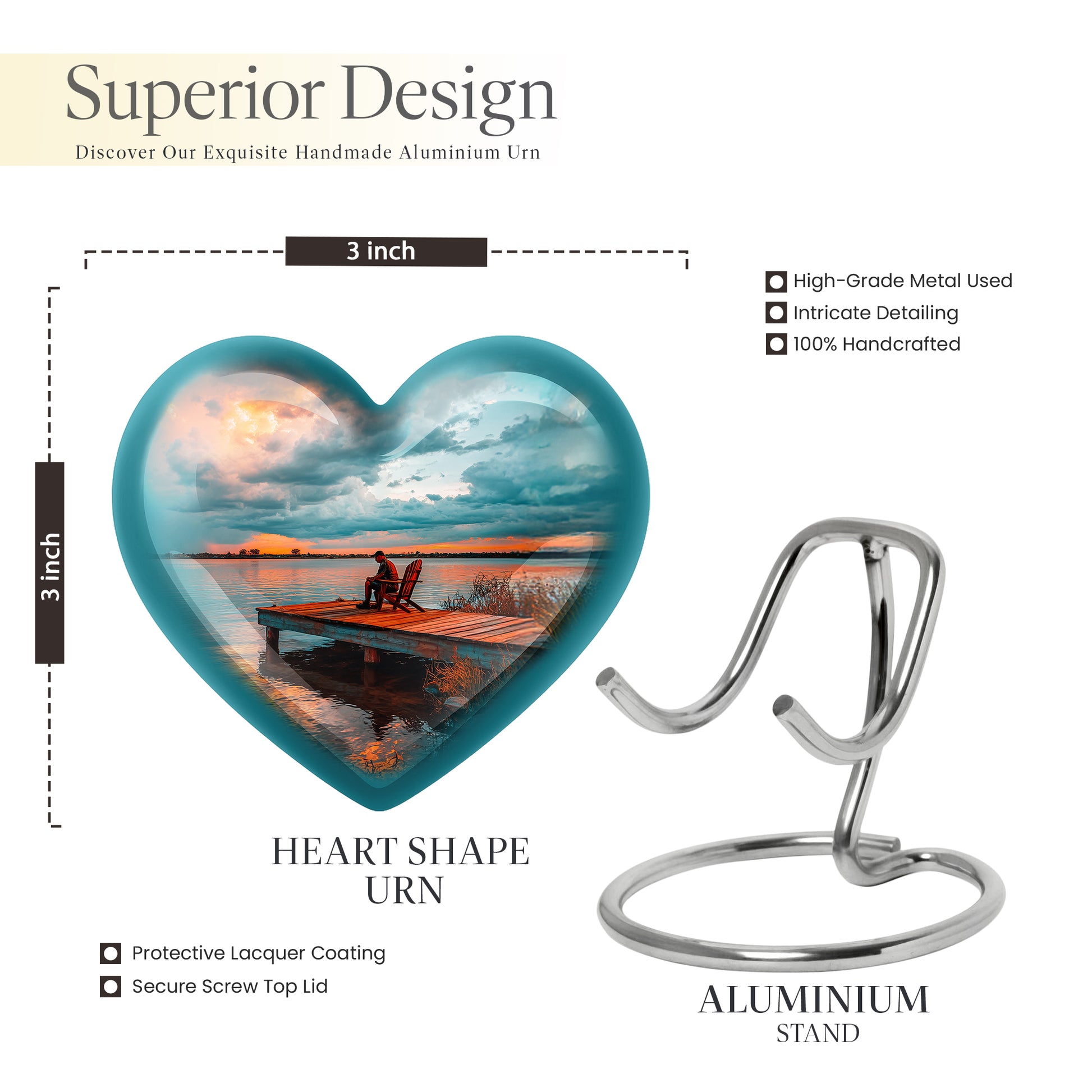 Cool Teal Fishing Cremation Urn front view showing detailed design - loving heart memorial featuring fishing pattern - mini keepsake memorial for portion of cremation ashes