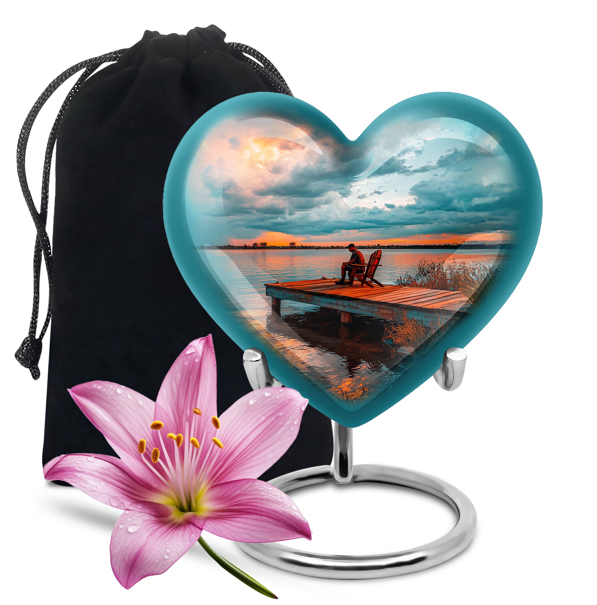 Jewel Teal Fishing Cremation Urn detail view - loving heart memorial featuring fishing pattern - full-size 10 inch 200 cubic inch adult cremation urn