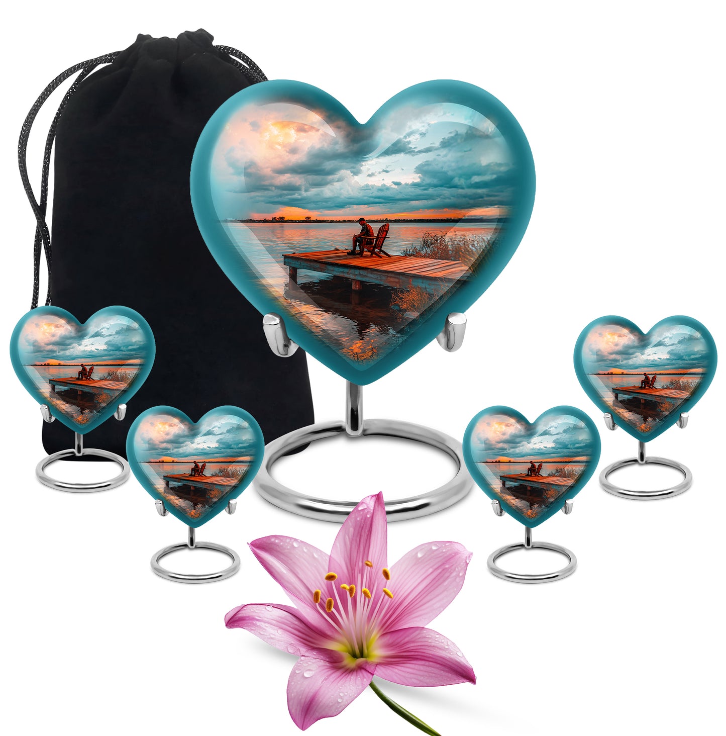 Vivid Teal Fishing Cremation Urn close-up of engraving and surface detail - compassionate heart-fishing combination with gentle curves - memorial set with one large and four small urns