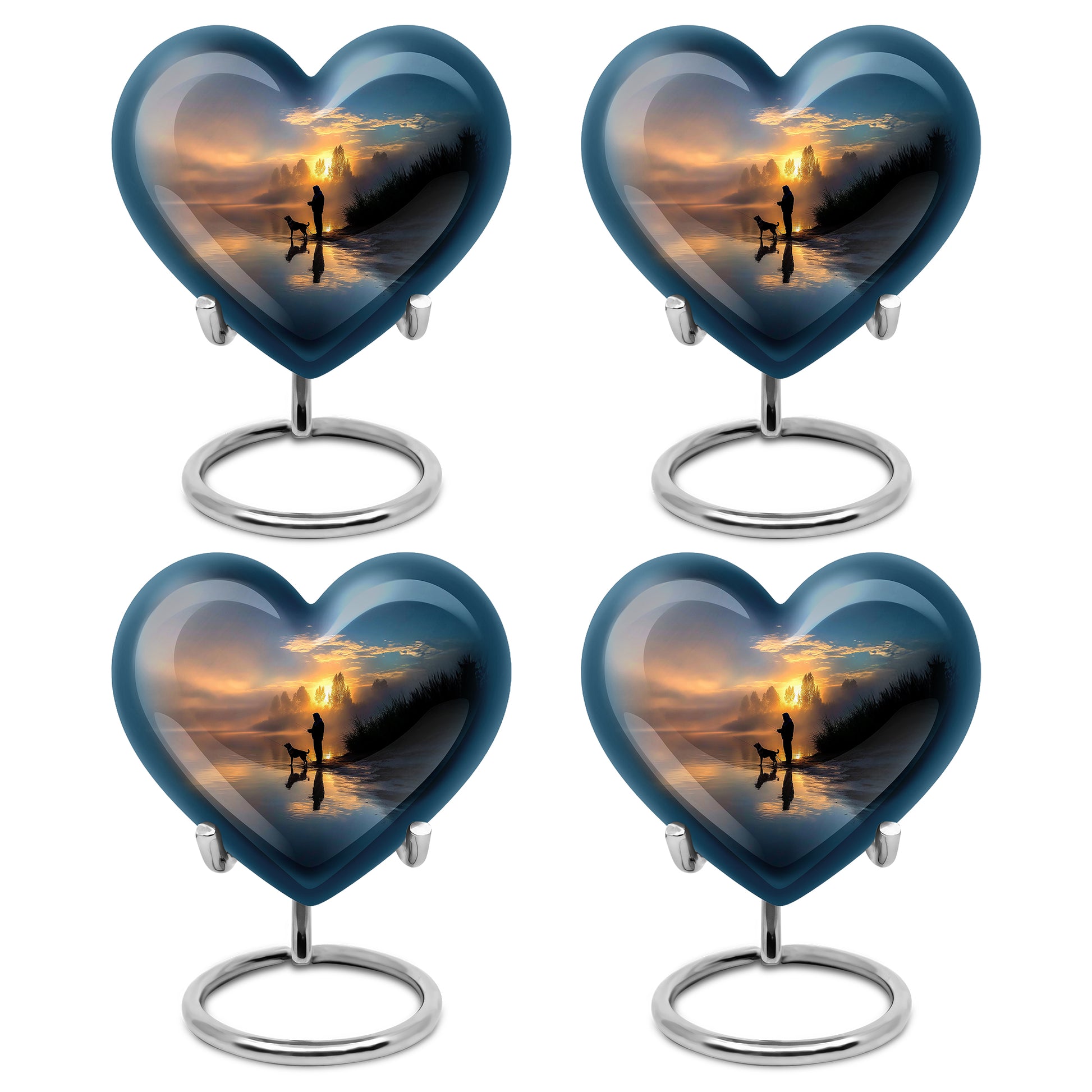 Azure Fishing Cremation Urn angled view of lid and engraved motif - loving heart memorial featuring fishing pattern - 10 inch aluminum urn for cremated remains