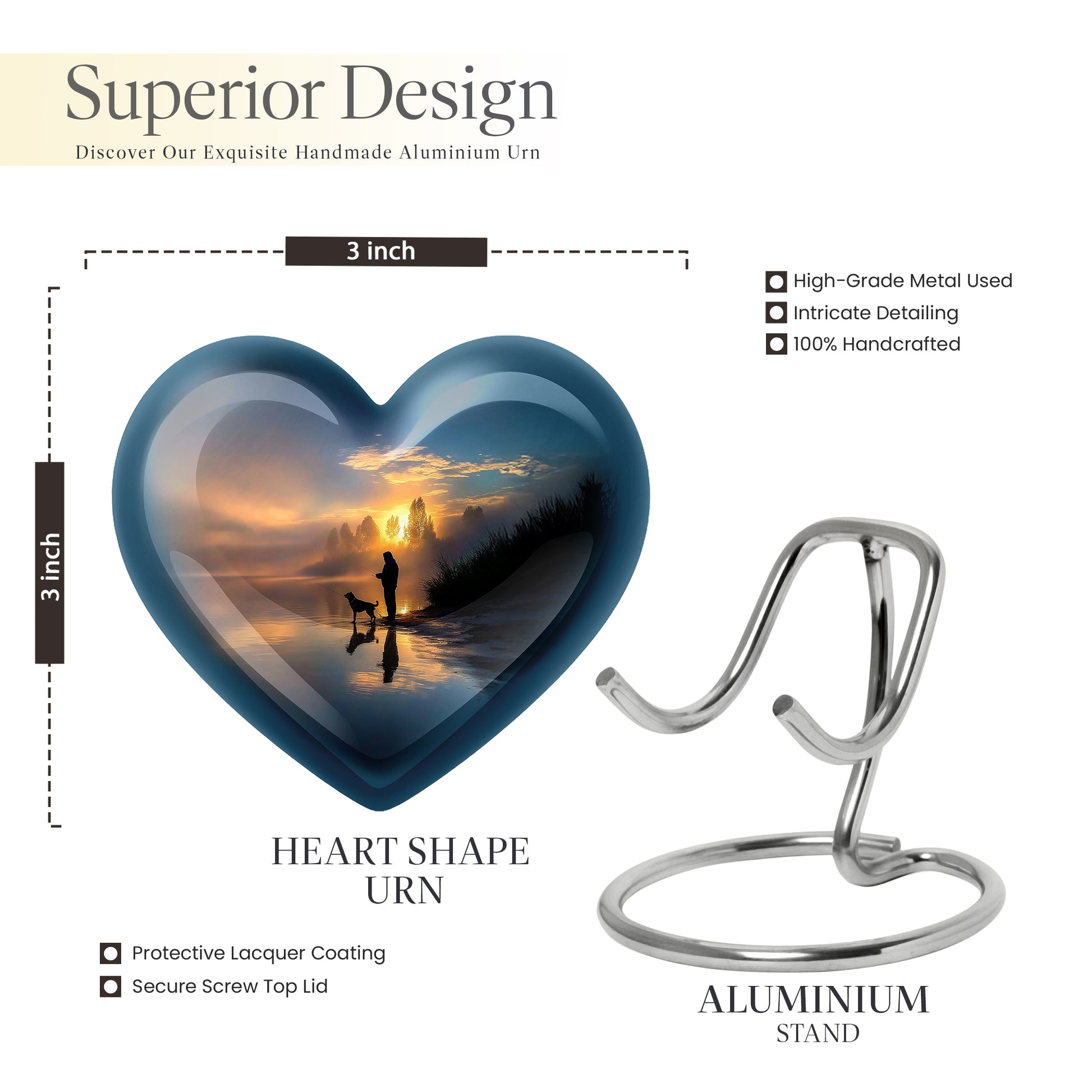 Steel Blue Fishing Cremation Urn front view showing detailed design - compassionate heart-fishing combination with gentle curves - mini keepsake memorial for portion of cremation ashes