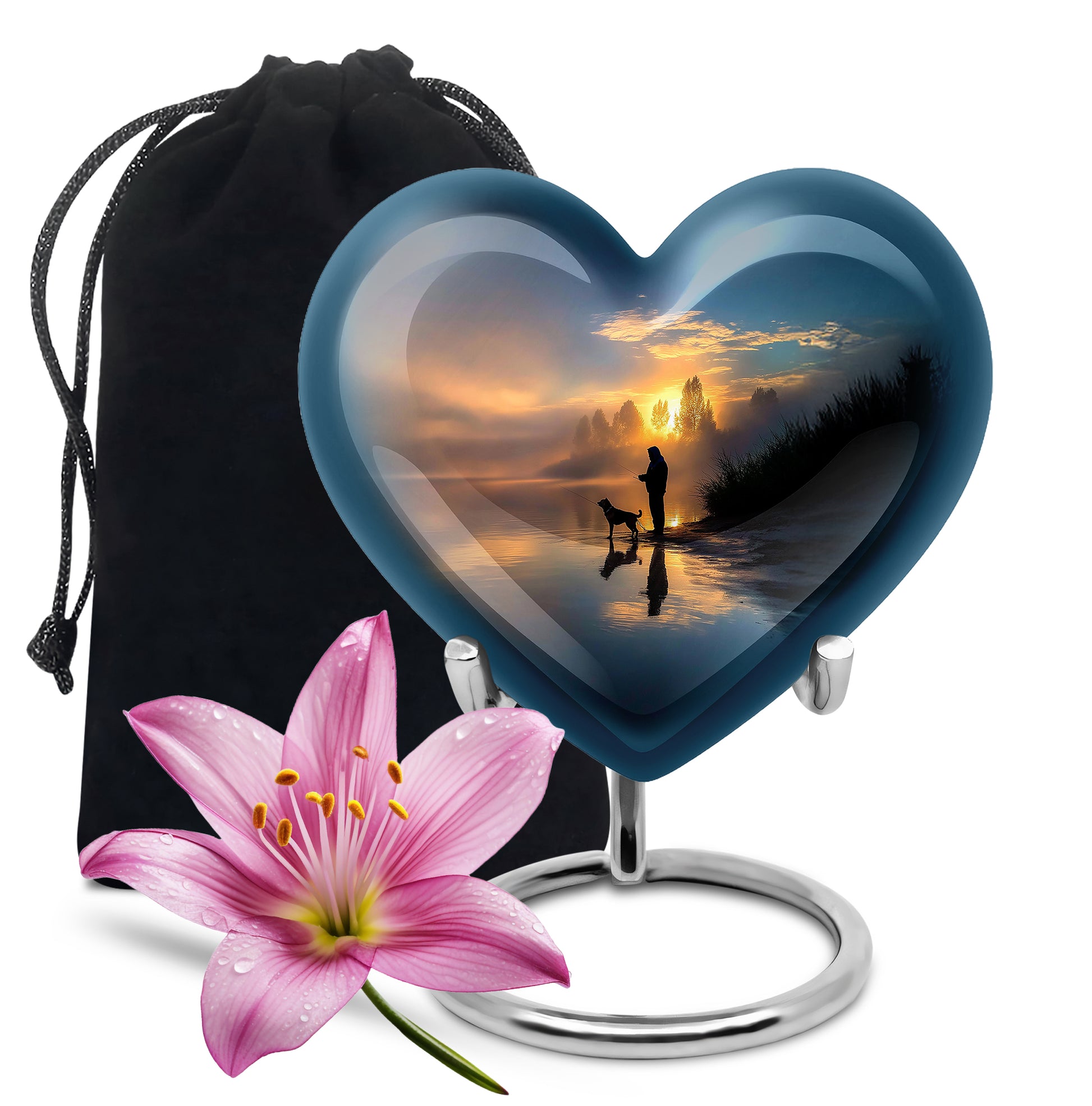 Twilight Blue Fishing Cremation Urn detail view - compassionate heart-fishing combination with gentle curves - full-size 10 inch 200 cubic inch adult cremation urn