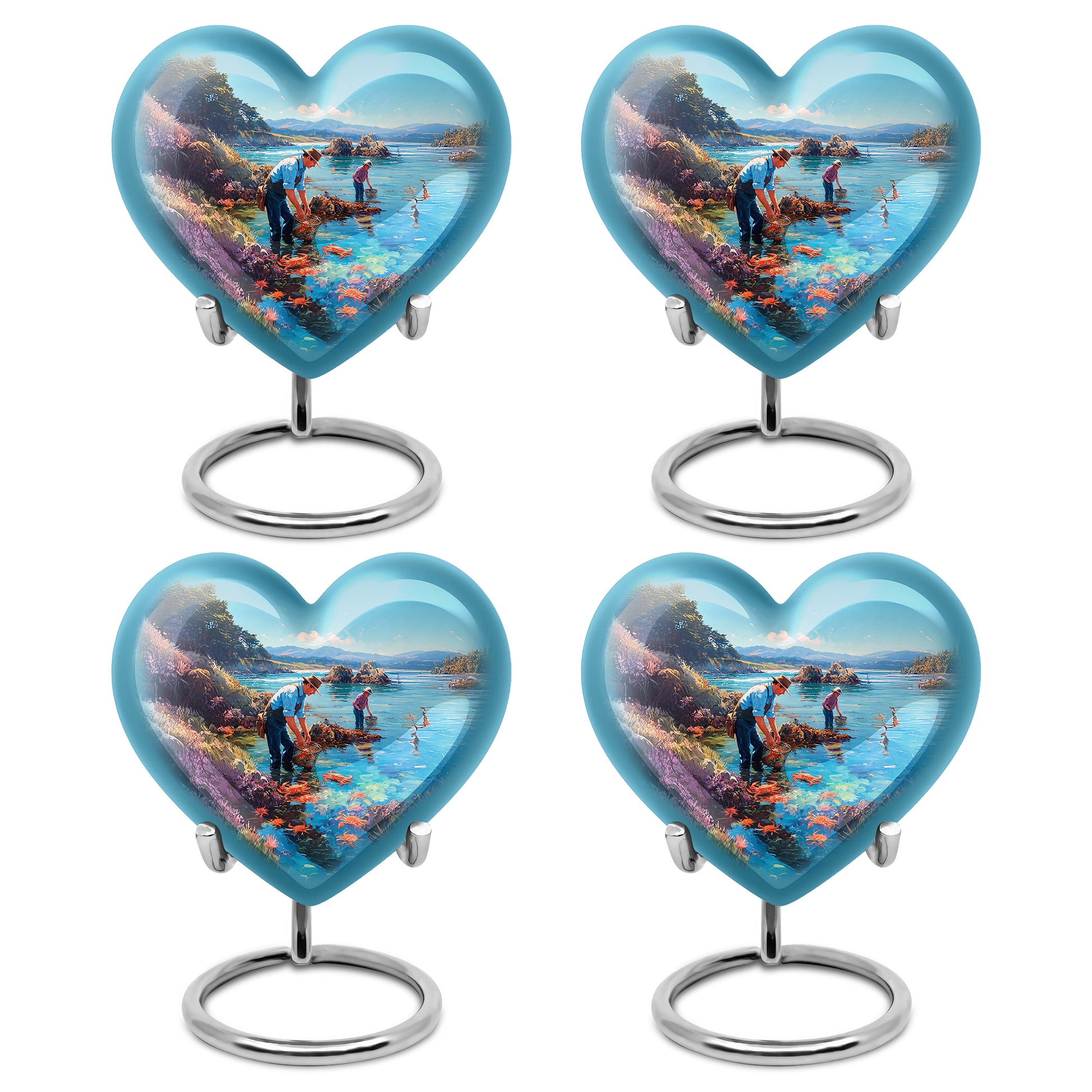 Jewel Teal Fishing Cremation Urn angled view of lid and engraved motif - loving heart memorial featuring fishing pattern - 10 inch aluminum urn for cremated remains
